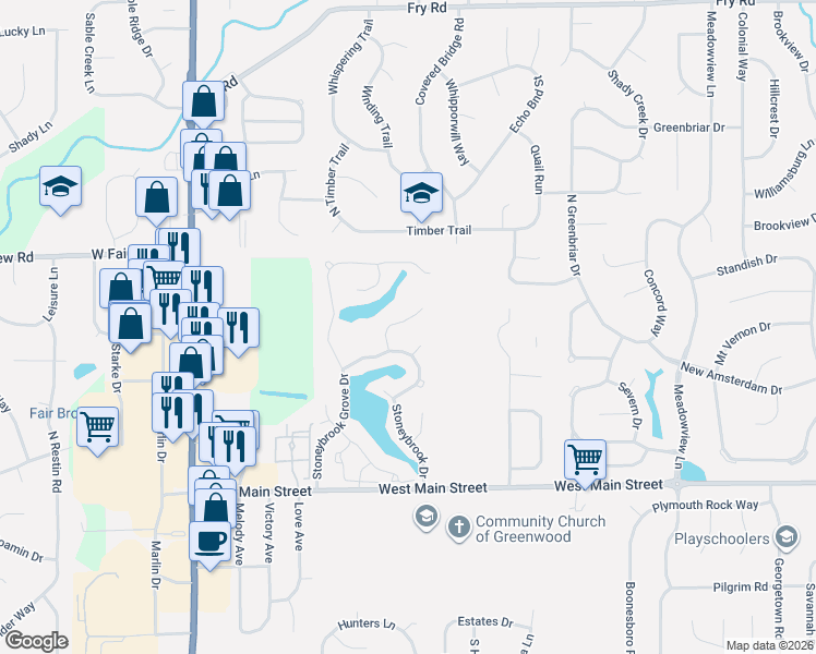 map of restaurants, bars, coffee shops, grocery stores, and more near 298 Lake Point Circle in Greenwood