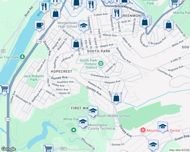map of restaurants, bars, coffee shops, grocery stores, and more near 146 Grandview Avenue in Morgantown