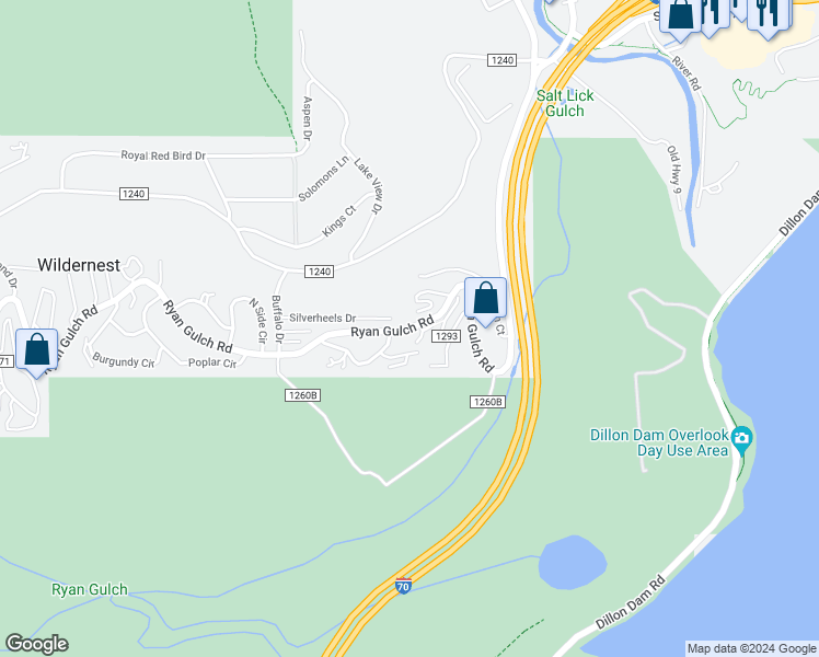 map of restaurants, bars, coffee shops, grocery stores, and more near 2512 Ryan Gulch Road in Silverthorne
