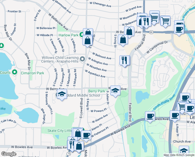 map of restaurants, bars, coffee shops, grocery stores, and more near 5436 South Knox Court in Littleton