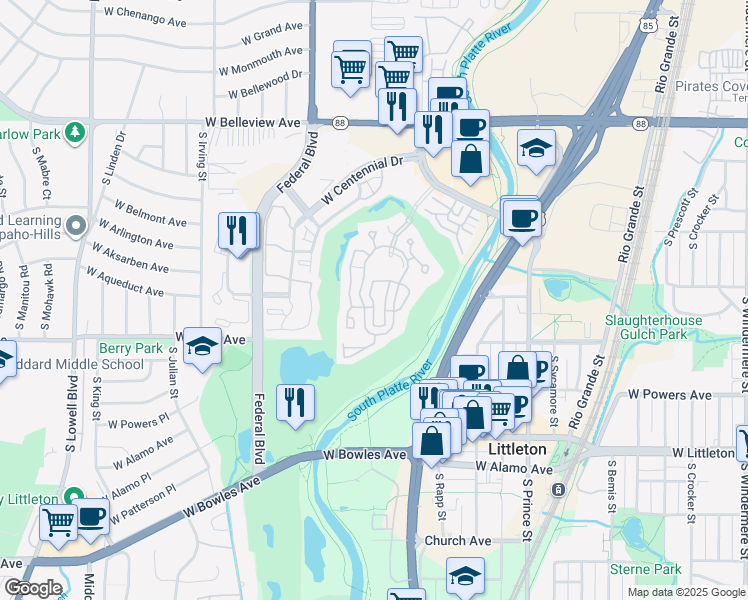 map of restaurants, bars, coffee shops, grocery stores, and more near 2769 West Riverwalk Circle in Littleton