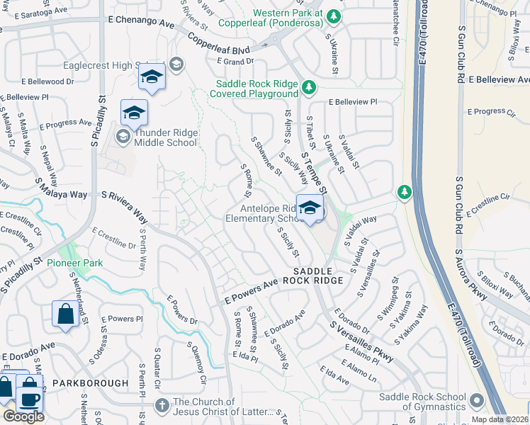 map of restaurants, bars, coffee shops, grocery stores, and more near 5413 South Sicily Way in Aurora