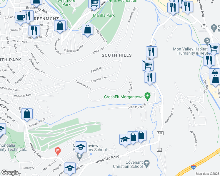 map of restaurants, bars, coffee shops, grocery stores, and more near 911 South Point Circle in Morgantown