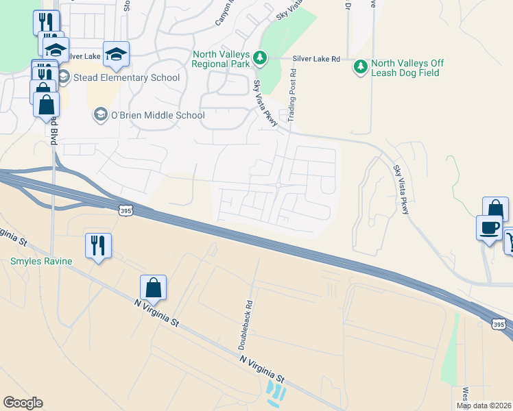 map of restaurants, bars, coffee shops, grocery stores, and more near 300 Doubleback Road in Reno