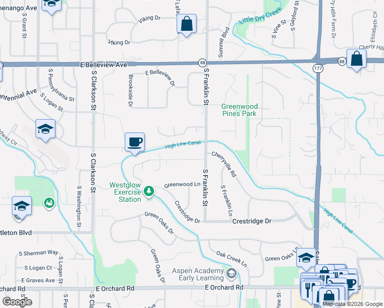 map of restaurants, bars, coffee shops, grocery stores, and more near 1533 Cherryville Road in Greenwood Village