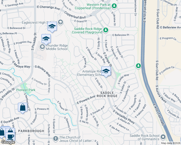 map of restaurants, bars, coffee shops, grocery stores, and more near 5413 South Sicily Way in Aurora