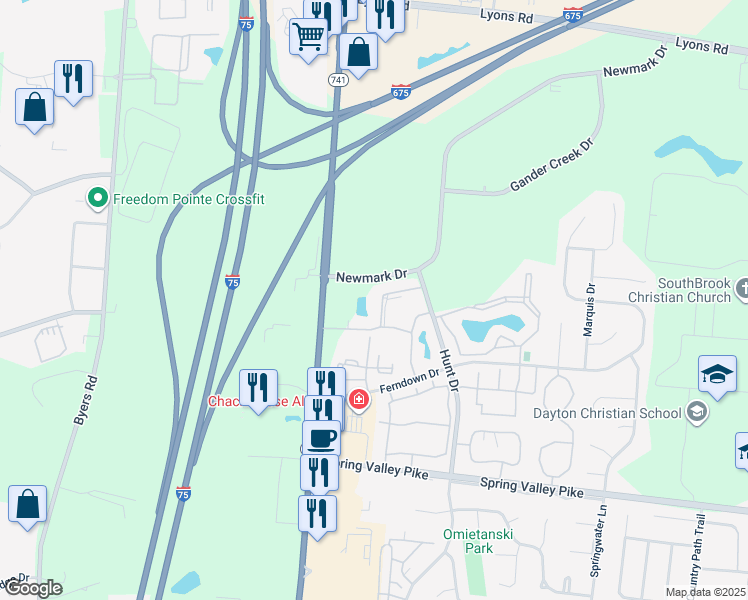 map of restaurants, bars, coffee shops, grocery stores, and more near 2521 Steeplechase Drive in Miamisburg