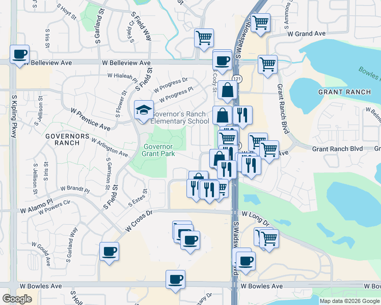 map of restaurants, bars, coffee shops, grocery stores, and more near 5425 South Dover Street in Littleton