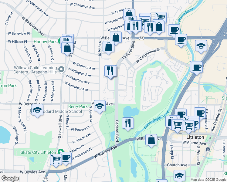 map of restaurants, bars, coffee shops, grocery stores, and more near 5481 South Federal Circle in Littleton