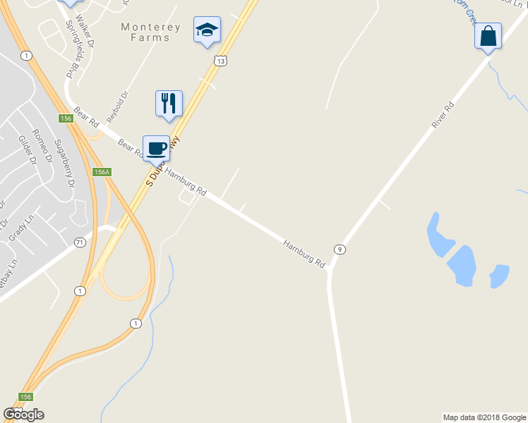 map of restaurants, bars, coffee shops, grocery stores, and more near 741 Hamburg Road in New Castle