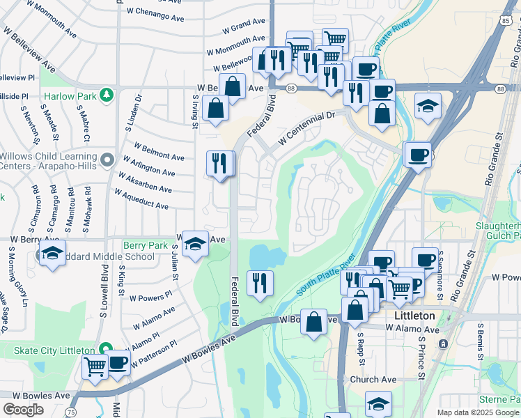 map of restaurants, bars, coffee shops, grocery stores, and more near 3026 West Centennial Drive in Littleton