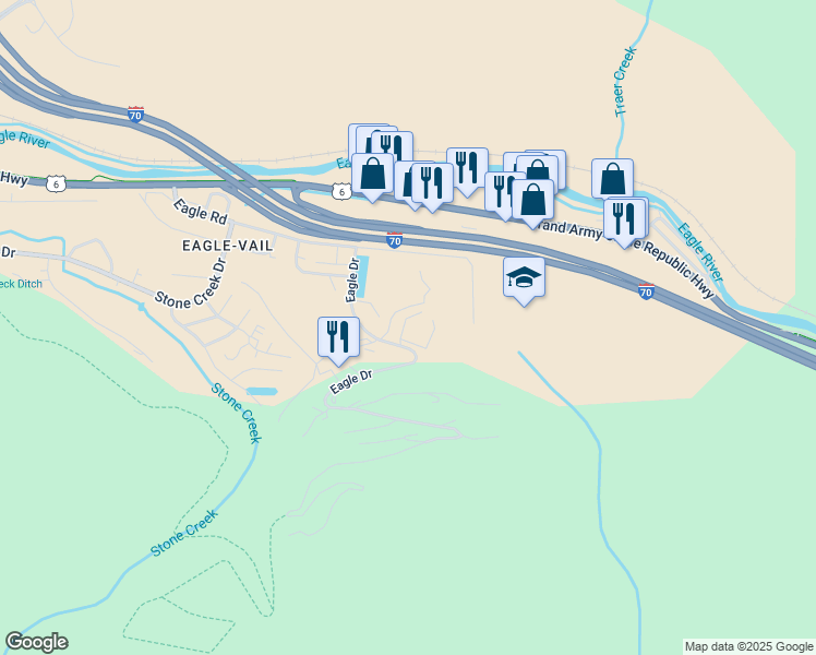 map of restaurants, bars, coffee shops, grocery stores, and more near 401-515 Tamarak Drive in Vail