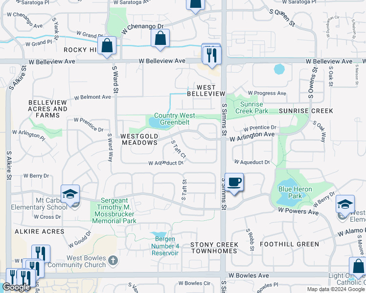 map of restaurants, bars, coffee shops, grocery stores, and more near 5397 South Taft Street in Littleton