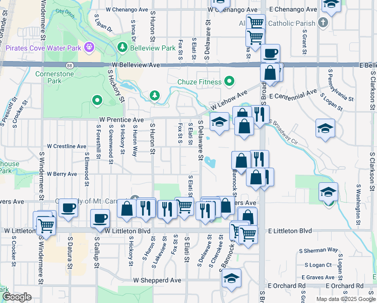 map of restaurants, bars, coffee shops, grocery stores, and more near 5427 South Delaware Street in Littleton