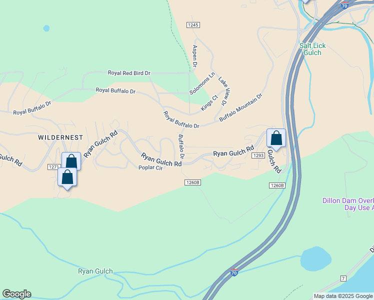 map of restaurants, bars, coffee shops, grocery stores, and more near 44 Running Bear Trail in Silverthorne