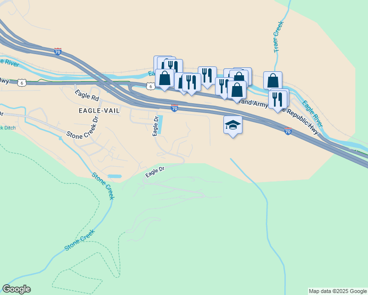 map of restaurants, bars, coffee shops, grocery stores, and more near 401-515 Tamarak Drive in Vail