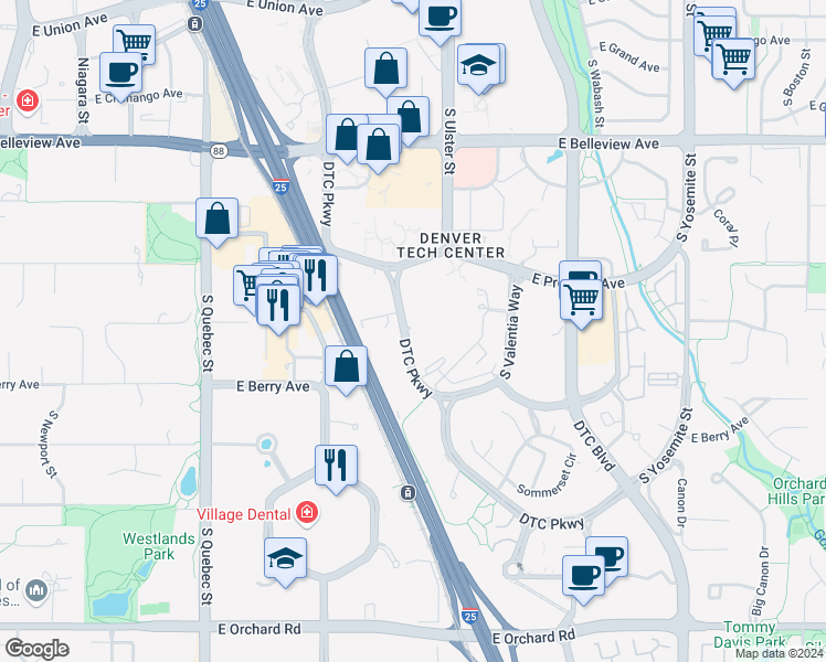 map of restaurants, bars, coffee shops, grocery stores, and more near 5400-5448 DTC Parkway in Greenwood Village