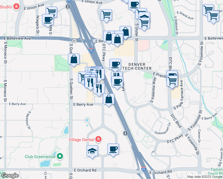 map of restaurants, bars, coffee shops, grocery stores, and more near 5400-5448 DTC Parkway in Greenwood Village