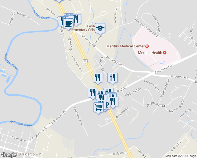 map of restaurants, bars, coffee shops, grocery stores, and more near 1618 Dual Highway in Hagerstown