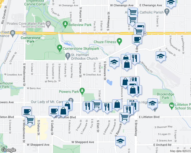 map of restaurants, bars, coffee shops, grocery stores, and more near 584 West Crestline Avenue in Littleton