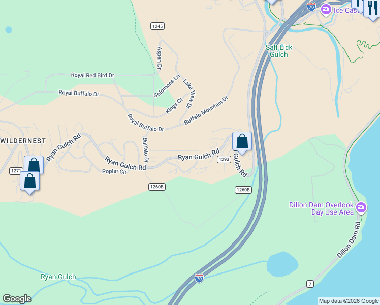map of restaurants, bars, coffee shops, grocery stores, and more near 102 Salt Lick Circle in Silverthorne