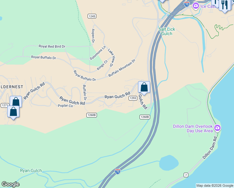 map of restaurants, bars, coffee shops, grocery stores, and more near 102 Salt Lick Circle in Silverthorne