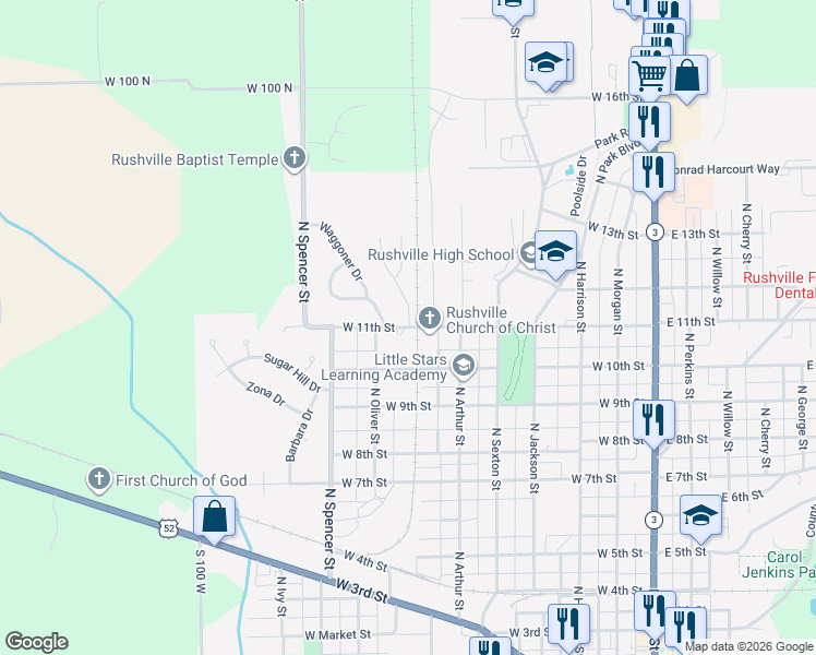 map of restaurants, bars, coffee shops, grocery stores, and more near 743 West 11th Street in Rushville