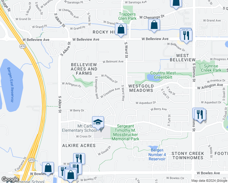 map of restaurants, bars, coffee shops, grocery stores, and more near 12566 West Crestline Avenue in Littleton