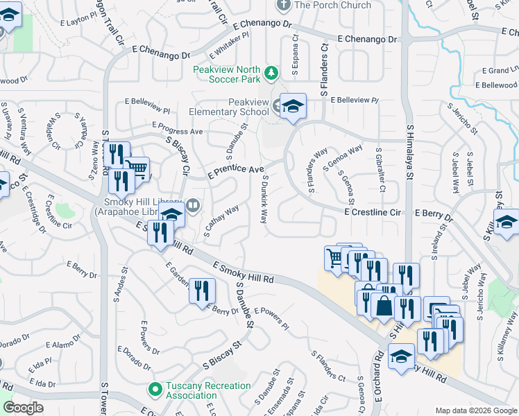 map of restaurants, bars, coffee shops, grocery stores, and more near 5404 South Dunkirk Way in Centennial