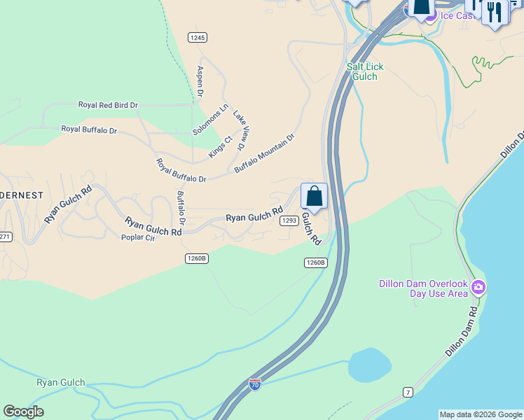 map of restaurants, bars, coffee shops, grocery stores, and more near 3421 Ryan Gulch Road in Silverthorne