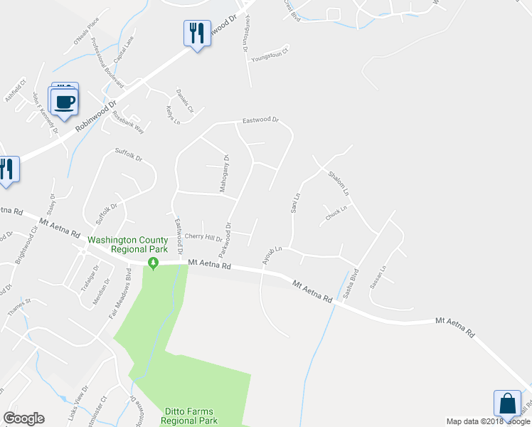 map of restaurants, bars, coffee shops, grocery stores, and more near 11029 Plumwood Circle in Hagerstown