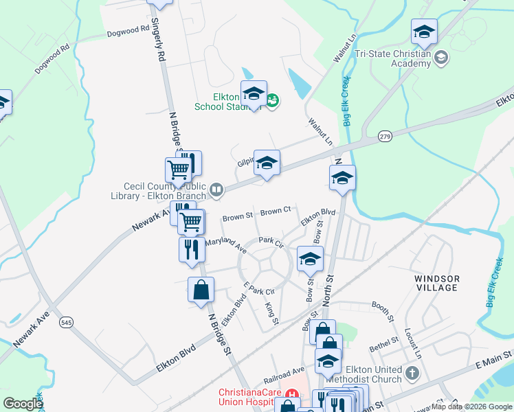 map of restaurants, bars, coffee shops, grocery stores, and more near 118 Brown Street in Elkton