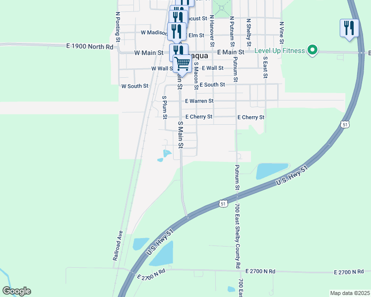 map of restaurants, bars, coffee shops, grocery stores, and more near 115 East Birch Street in Moweaqua