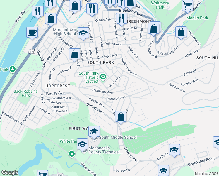 map of restaurants, bars, coffee shops, grocery stores, and more near 4990 Grand Avenue in Morgantown