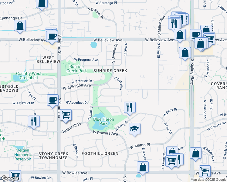 map of restaurants, bars, coffee shops, grocery stores, and more near 11054 West Aqueduct Lane in Littleton