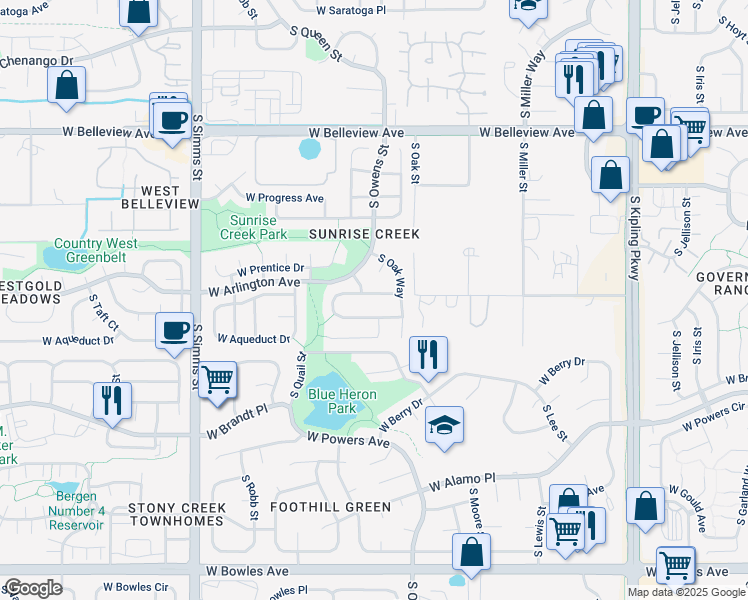map of restaurants, bars, coffee shops, grocery stores, and more near 11054 West Aqueduct Lane in Littleton