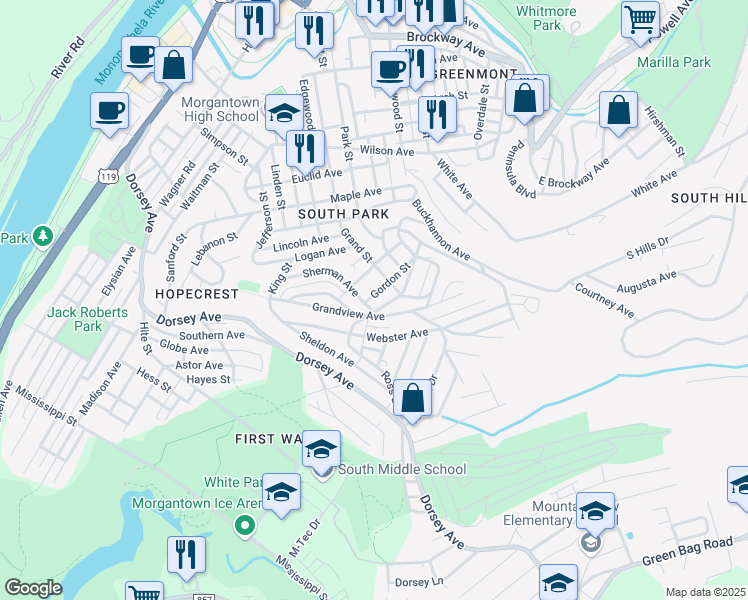 map of restaurants, bars, coffee shops, grocery stores, and more near 4990 Grand Avenue in Morgantown