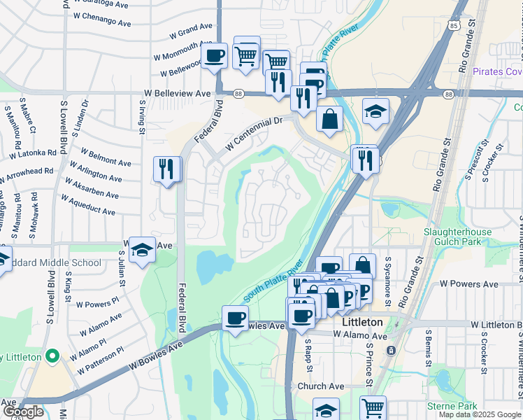 map of restaurants, bars, coffee shops, grocery stores, and more near 2769 West Riverwalk Circle in Littleton
