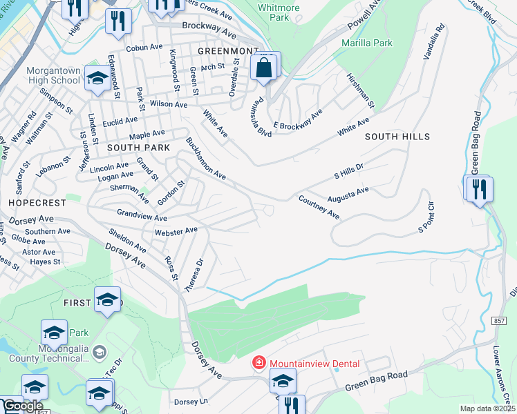 map of restaurants, bars, coffee shops, grocery stores, and more near 385 Spencer Street in Morgantown