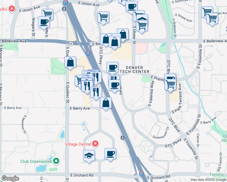 map of restaurants, bars, coffee shops, grocery stores, and more near 5445 DTC Parkway in Greenwood Village
