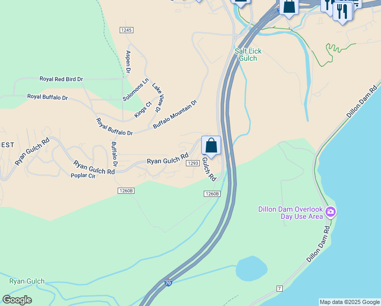 map of restaurants, bars, coffee shops, grocery stores, and more near 3621 Ryan Gulch Road in Silverthorne