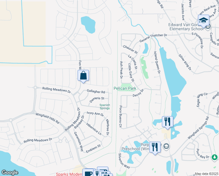 map of restaurants, bars, coffee shops, grocery stores, and more near 2473 Bridgetown Loop in Sparks