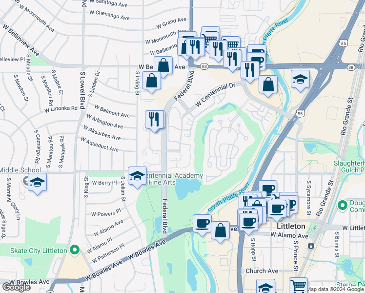 map of restaurants, bars, coffee shops, grocery stores, and more near 3026 West Centennial Drive in Littleton