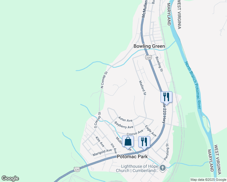 map of restaurants, bars, coffee shops, grocery stores, and more near 12918 North Cresap Street in Cumberland