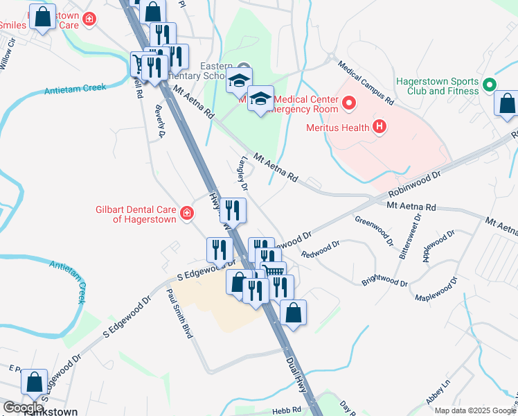map of restaurants, bars, coffee shops, grocery stores, and more near Langley Drive in Hagerstown
