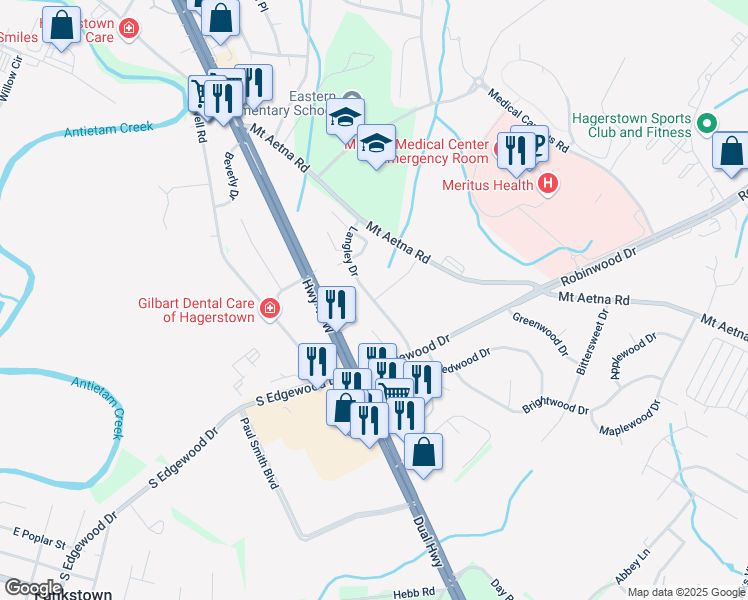 map of restaurants, bars, coffee shops, grocery stores, and more near 1648 Langley Drive in Hagerstown