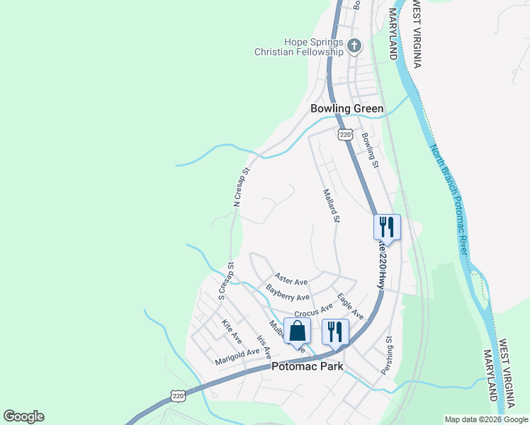map of restaurants, bars, coffee shops, grocery stores, and more near 12918 Cresap Knoll Avenue in Cumberland