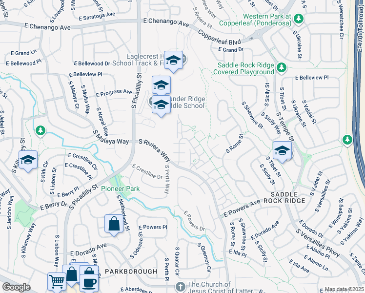 map of restaurants, bars, coffee shops, grocery stores, and more near 5367 South Picadilly Way in Aurora