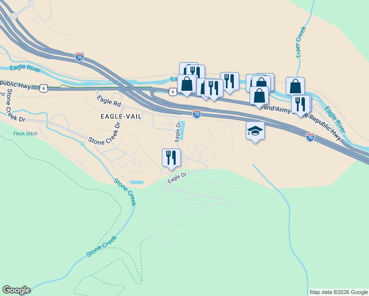 map of restaurants, bars, coffee shops, grocery stores, and more near 99 Eagle Drive in Vail