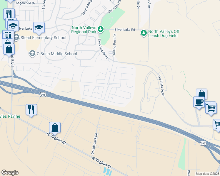 map of restaurants, bars, coffee shops, grocery stores, and more near 451 Astraea Trail in Reno